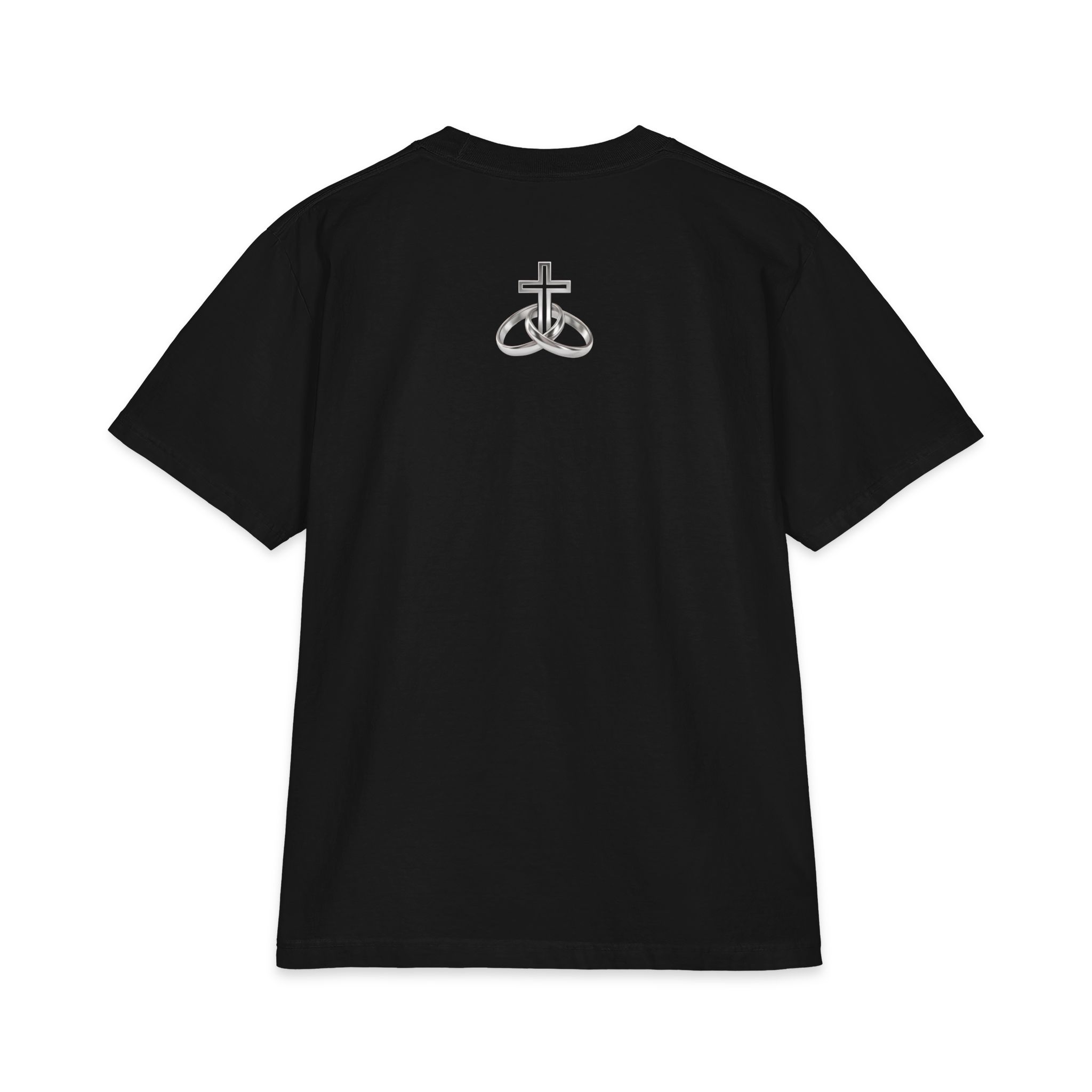 Black A Cord of Three Strands heavyweight tee, supplier back view with the silver-tone cross-and-rings print raised toward the neckline