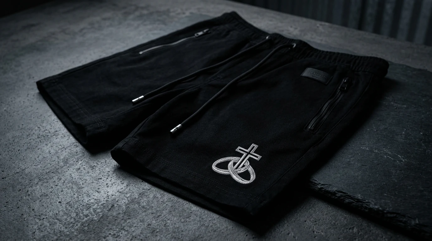 Cross and interlocking rings apparel detail