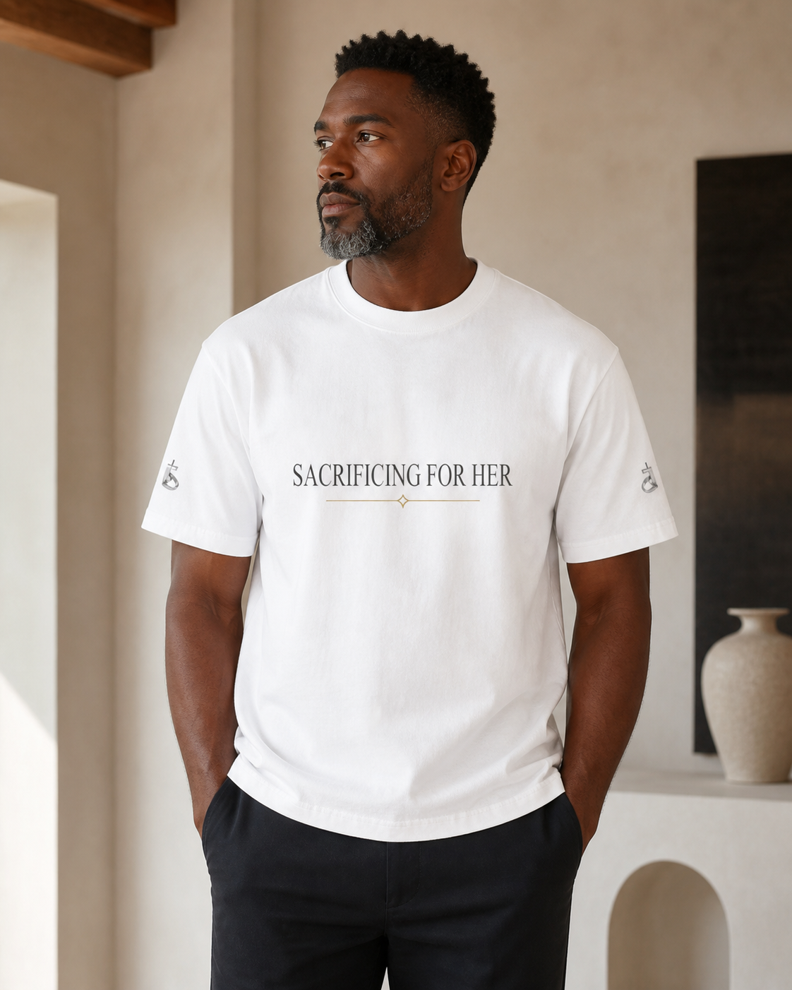 Man modeling the Sacrificing for Her heavyweight tee