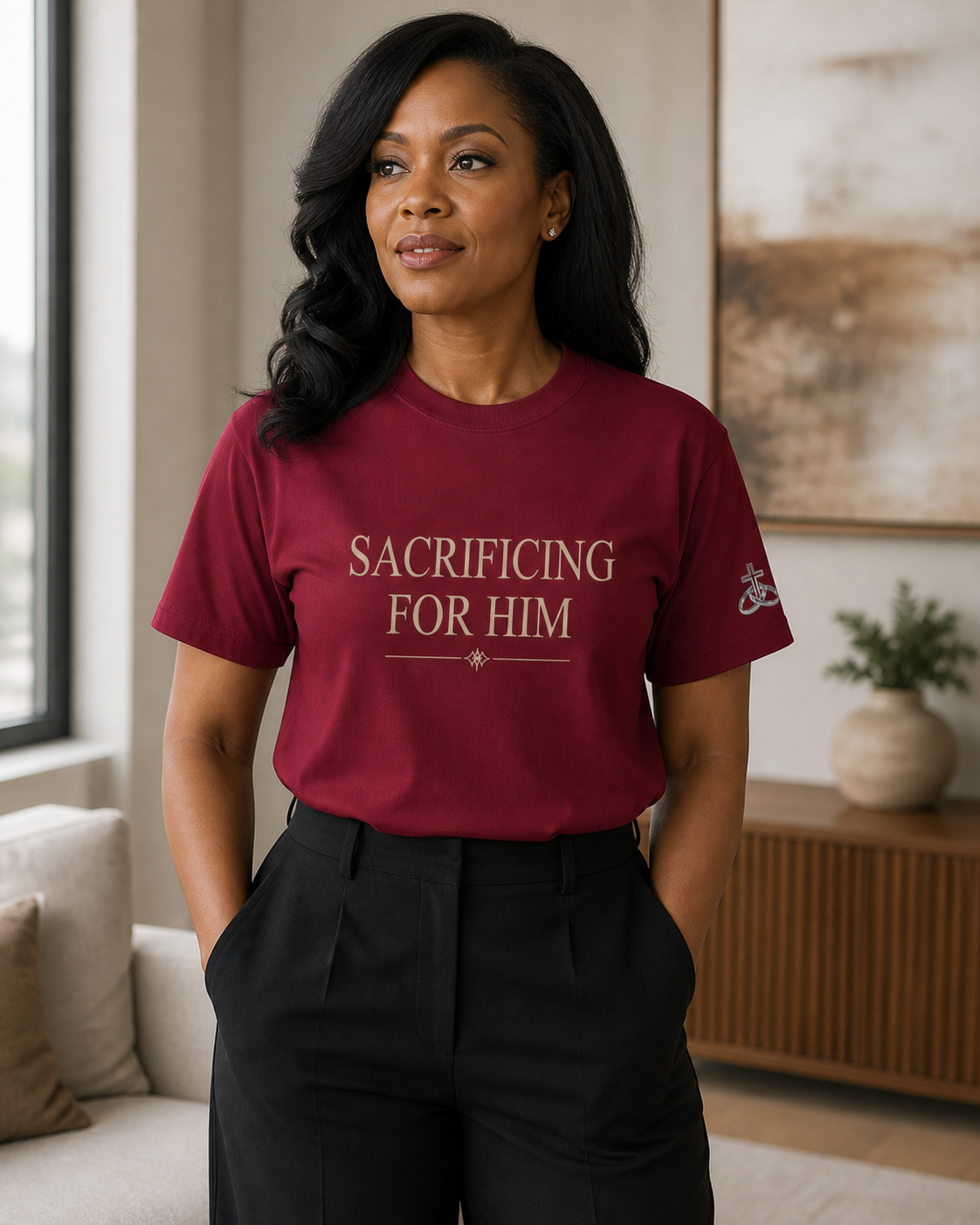 Woman modeling the Sacrificing for Him heavyweight tee