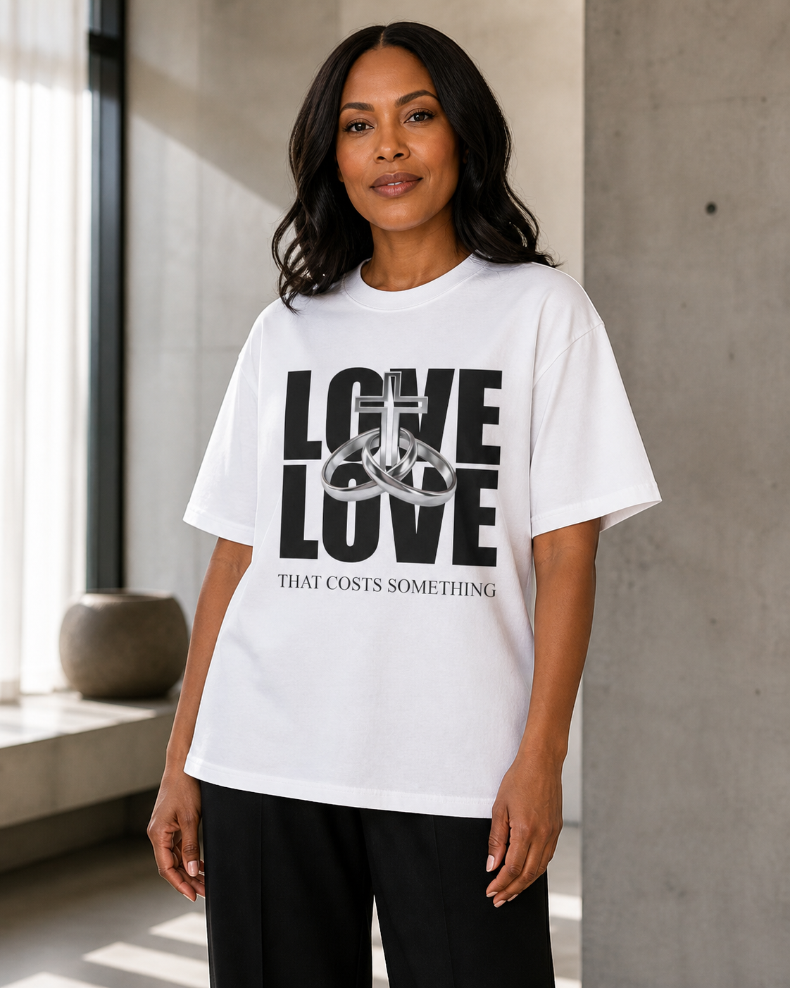 Woman modeling the stacked White Covenant LOVE heavyweight tee